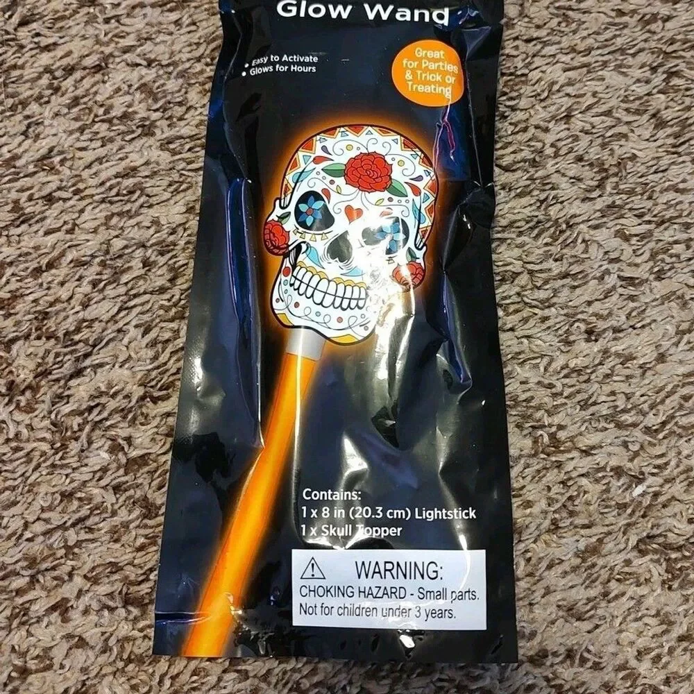 Lot of 3 - Glow in the Dark Skull Wand & Ring Pumpkin Bracelet Party Favor New